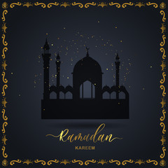 Ramadan Kareem islamic design crescent moon and mosque dome silhouette with arabic pattern and calligraphy.
