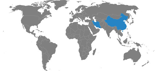 Iran, china countries highlighted on world map. Gray background. Business concepts, health, trade, transport.
