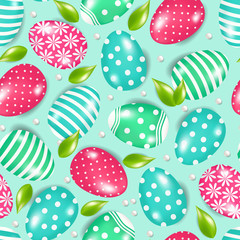 Hand drawn seamless pattern of many eggs with lines, circles, flowers, glare, shadow. Pearls and leaves. Illustration for Easter, greeting card, invitation, wallpaper, wrapping paper, fabric, textile