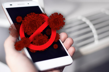 hand hold smartphone for news of blood dna nCov covid-19 structure coronavirus crisis outbreak...