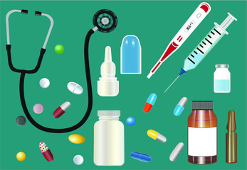 Medical materials, concept of medical equipment. Flat design. Stethoscope, syringe, tablets, thermometer, medicine vials.