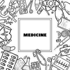 Healthcare and Medicine Vector illustration. Hand Drawn Doodle Drugs and Medical Products and Devices Background for your design