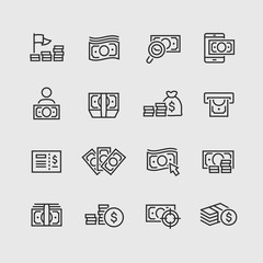 Banknotes and coins line icon set