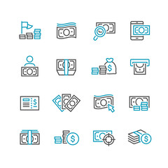 Banknotes and coins line icon set