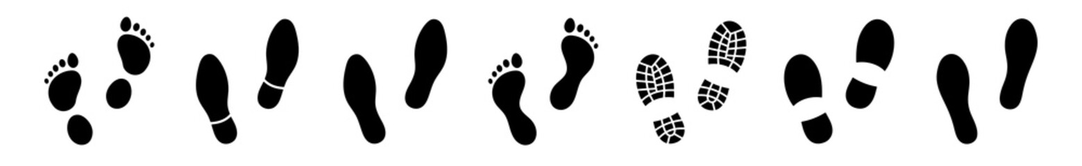 Fototapeta Flat linear design. Different human footprints. Black silhouettes isolated on white background. Vector illustration obraz
