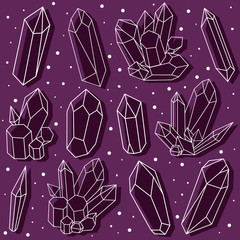Set of white crystals, white outline hand drawing of stones, magic element, vector illustration