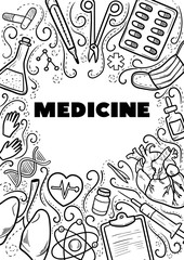 Healthcare and Medicine Vector illustration. Hand Drawn Doodle Medical Products and Devices Background