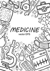 Healthcare and Medicine Vector illustration. Hand Drawn Doodle Medical Products and Devices Background