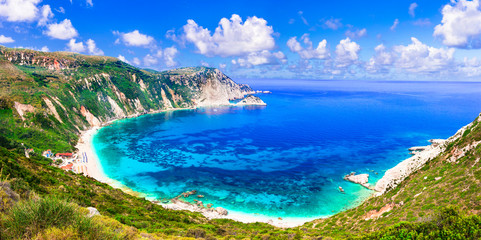 Fototapeta premium Best beaches of Kefalonia island - Petani with turquoise transparent sea. Greece, Ionian islands