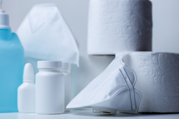 Pills and face masks on store shelf hospital supplies for corona virus