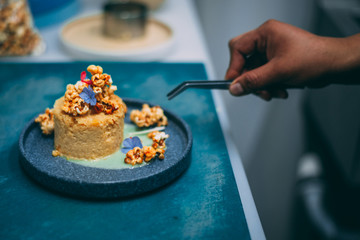 Delicious caramel custard with popcorn