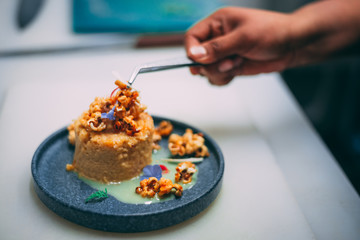 Delicious caramel custard with popcorn