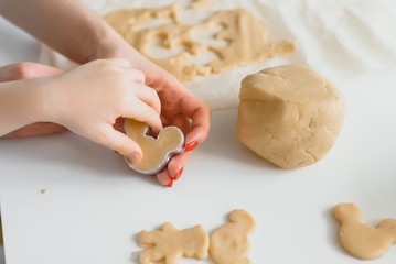 Young mother and son in kitchen making cookies.