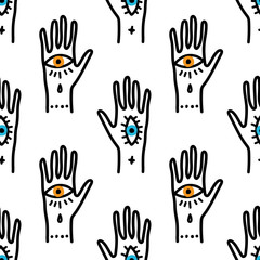 Trendy seamless pattern with hand drawn magic elements as hand with the eye