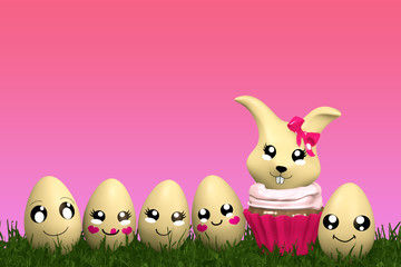 niedlicher Kawaii Osterhase im Cupcake mit lustigen Emoticon Ostereier. 3d rendering