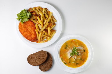 Multi-course dinner offer on white plates.