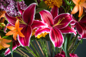 flowerdesign with viburnum, hydrangea and pink and orange lilies