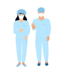 COVID-19. Coronavirus epidemic. A team of doctors in protective medical masks. Stop virus concept. A man shows a gesture of stop. Female lab worker