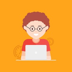 Man at his desk is working on the laptop computer . Freelance job concept. flat Vector illustration.