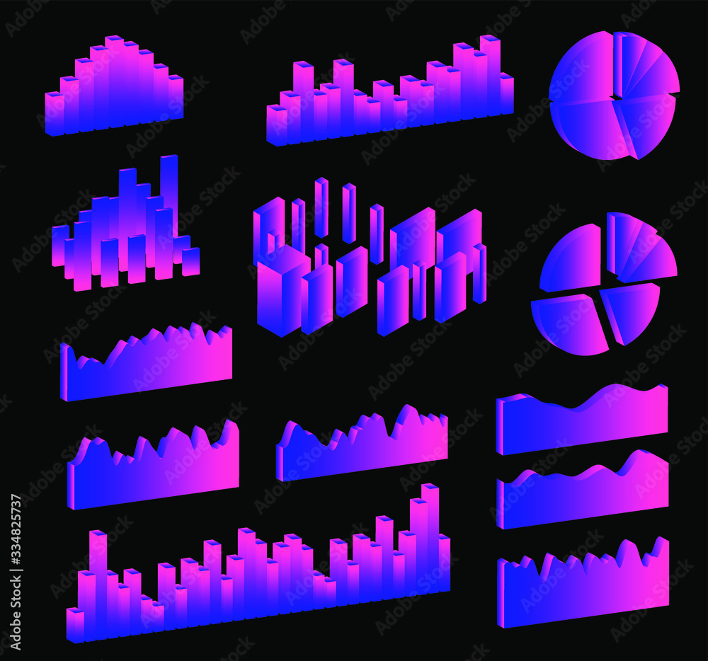 Poster Set of 3D graphs, charts, histograms and plots for UI and UX design.