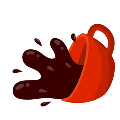 Spilled Cup of coffee. Spray and drop. Sloppy handling in the kitchen. Cartoon flat illustration. Red mug. Brown drink with caffeine