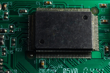 Close-up of modern PC motherboard components.