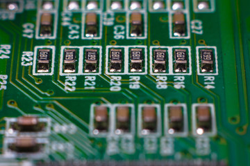 Close-up of modern PC motherboard components.