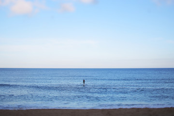 Fototapeta premium Silhouette of surfer from back on the blackboard in calm sea. Recreation and sports. Barcelona, Spain