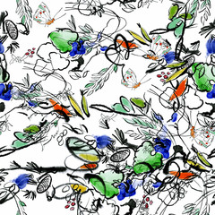 Seamless watercolor floral pattern on paper texture. Botanical background. Watercolor forest fairy-tale ornament. Pattern with foliage, cobwebs, butterflies, insects, beetles and ants painted in ink. 