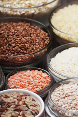 A set of bowls filled with different seeds: buckwheat, rise, corn and oatmeal	