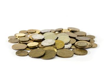 coins on a white background. Business concept. Ukrainian pennies.