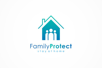Family Home Logo. House Icon with Negative Space People inside isolated on White Background. Flat Line Vector Logo Design Template Element.