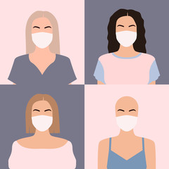 Obraz premium Set girls in medical masks. Vector illustration. Flat design.