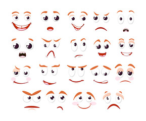 Cartoon faces collection. Expressive eyes and mouth, smiling, crying and surprised character face expressions. Caricature comic people emotions. Cartoon vector illustration.