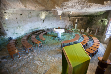 rock church  in Pietracupa, Campobasso, Molise. Panorama. The village was built on a huge limestone...