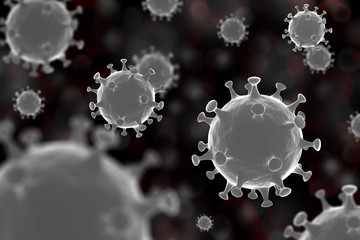 black and white coronavirus disease COVID-19 infection medical illustration.China pathogen respiratory influenza covid virus cells. in dark background, 3D render.illustration, selective focus