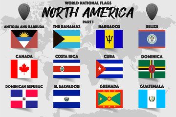 Set of realistic official world national flags, waving edition. isolated on map background. Object, icon and symbol for design. North America Collection. Belize, Bahamas, Cuba, Grenada