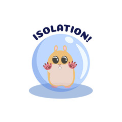 Cartoon ginger hamster locked in the  glass bowl. Vector illustration with text. Character for prints, stickers, design, banner and cards.