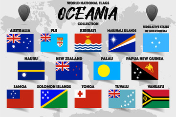 Set of realistic official world national flags, waving edition. isolated on map background. Object, icon and symbol for design. South America Collection.  Australia, Fiji, Nauru, New Zealand