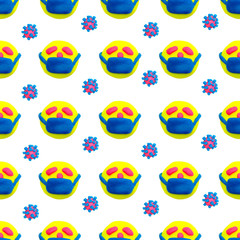 A seamlees pattern, plasticine face with a medicine protective mask, texture, layout. Covid-19. Corona virus.