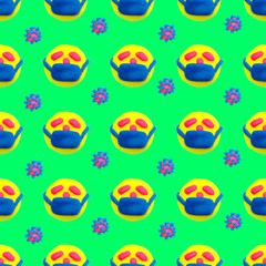 A seamlees pattern, plasticine face with a medicine protective mask, texture, layout. Covid-19. Corona virus.