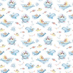 Watercolor hand painted cute cartoon whales, fish, ancor. Seamless pattern for fabric, travel blog, wrapping paper, wallpapers, scrapbooking, prints and textile.Lovely illustration on white background