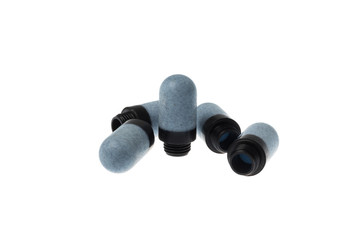 Pneumatic silencers for compressed air, 1/4" thread, made from plastic, isolated on white
