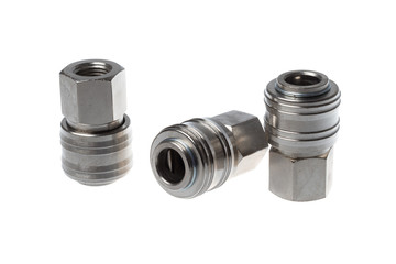 Set of stainless steel female quick coupling to female thread adapter, isolated on white background