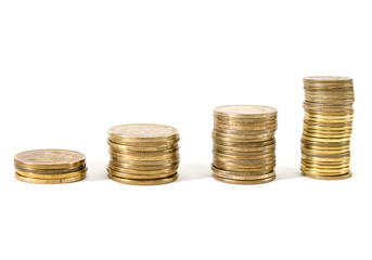 growing stack of coins on a white background. Business concept. Close-up. Copy space. Ukrainian penny.