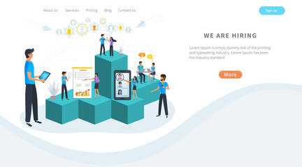 we are hiring vector concept, recruitment, headhunting agency, employment service. Job interview. Human resources recruitment. Employees hiring. Dedicated team work. Career growth ladder.