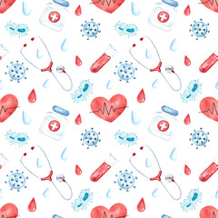 Seamless pattern with medical instruments, first aid kit, pills, heart, stethoscope, medical mask. Health and science. Watercolor painting.