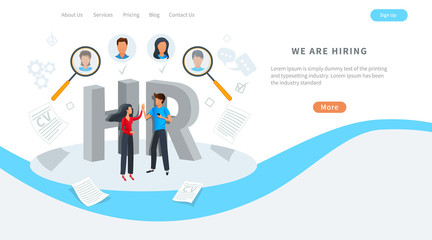 Vector concept of human resources, online job search, recruitment service. Employment agency. We are hiring. HR managers choosing best candidate to hire.  Recruit for business, recruitment process.