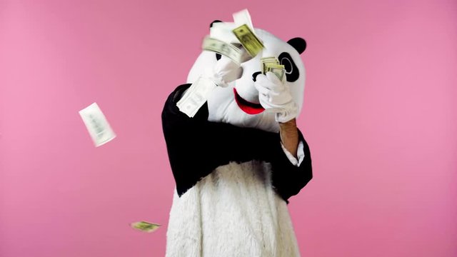 person in panda bear costume throwing money in air isolated on pink