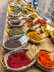 Herbs and spices at market stalls in Provence, France